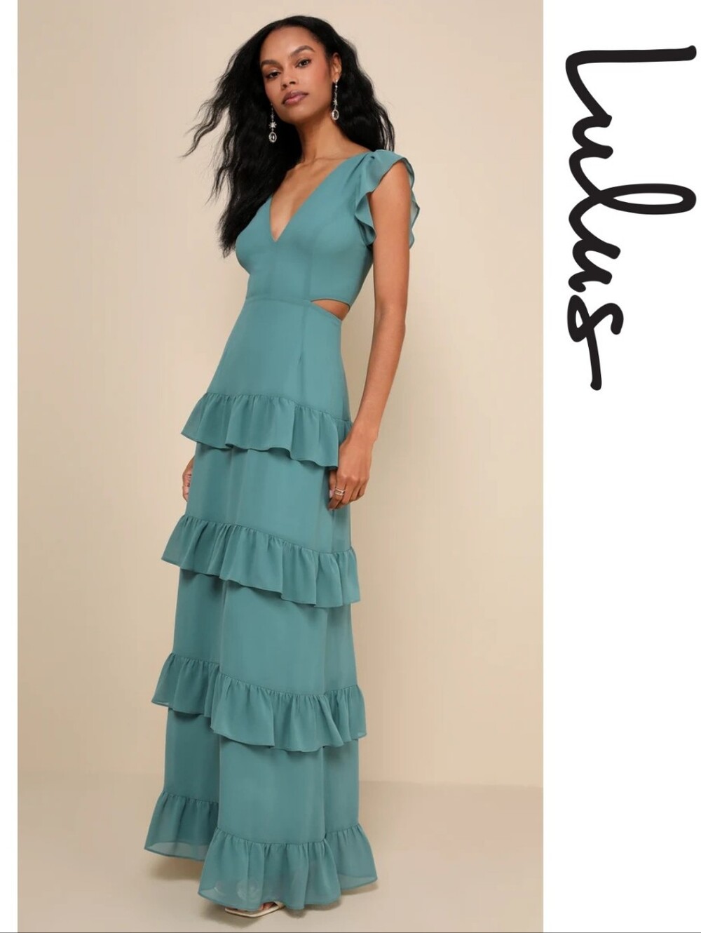 Lulu's - Elegant Mentality Teal Blue Ruffled Tiered Cutout Maxi Dress